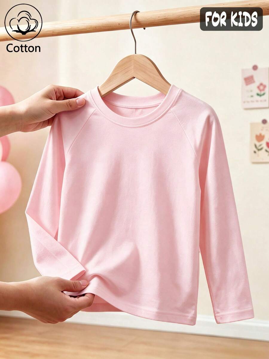 Autumn/Winter Ribbed Cotton Long Sleeve Top For Girls, Casual Sporty College Style - Baby Pink - View 1