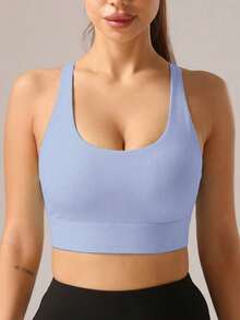 1pc Women Sports Yoga Bra, Elastic, Suitable For Fitness, Outdoor Activities Spring Fall - Blue - View 6