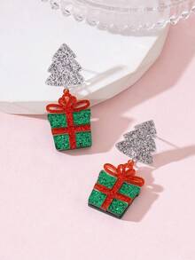 1 Pair Christmas Sparkling Christmas Tree Gift Box Design Women's Fashion Jewelry Earrings, Perfect Gift For Holiday Parties - Green - View 3