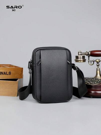 saroxi 1pc Men's Crossbody Shoulder Bag, Casual PU Leather Square Side Bag, Multifunctional Small Pouch For Commuting, Minimalist Black Solid Color Travel Accessory, Gift For Boyfriend/Men