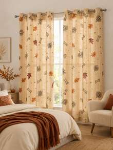 NOSBEI 2PCS Grommet Panels + 3PCS Rod Pocket Kitchen Set, Halloween Pumpkin, Bone And Maple Leaf Faux Linen Curtains, Light Filtering, Rustic Autumn Farmhouse Window Decor - Multicolor - View 15