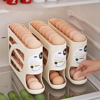 4‑Tier Rolling Egg Holder, Space‑Saving Side‑Access Design Holds Up To 30 Eggs, Glossy Smooth Surface With Convenient Handle, Durable Plastic Egg Storage Rack For Fridge & Kitchen, Modern Kitchen Accessory