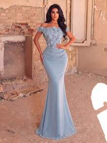Elegant Women's Off-Shoulder Long Chiffon Dress, Decorated With Floral Sequins Party Wedding Fall - Baby Blue - View 1