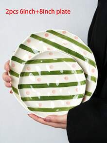 2pcs/1pc Hand Painted Striped & Polka Dot Ceramic Plates Set, Asymmetrical Wavy Rim Dinner Plates, Green Stripe Pink Dot Salad Dessert Serving Dishes, Microwave & Dishwasher , Tableware For Home Kitchen - Multicolor - View 15