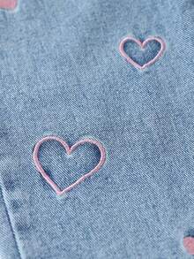 Girls Pink Heart Embroidered Washed Elastic Waist Straight Leg Wide Leg Denim Jeans Suitable For Autumn Daily Wear - Light Wash - View 4