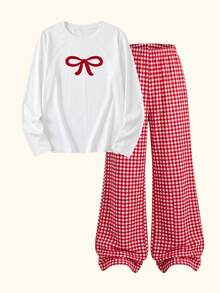 Christmas Autumn/Winter Two Pieces Butterfly Printed Long Sleeve Top+Red/White Checkered Pants Girl's Sleepwear Set,Soft Fabric,Teenagers' Home Wear - White - View 5