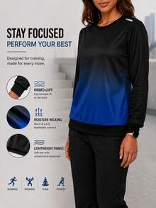 Sweatshirt Olahraga Lengan Panjang Leher Bulat Minimalis Warna Gradien untuk Wanita - Hitam - View 2