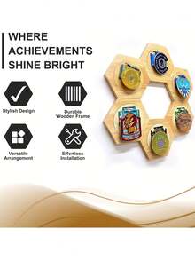 Hexagonal Wooden Medal Display Rack - Wall-Mounted Trophy And Ribbon Storage Shelf With Slots, Natural Wood Base, Suitable For Living Room, Office Decor - Space-Saving Award Storage, Medal Wall Hanging Rack, Hexagonal Design - Multicolor - View 5