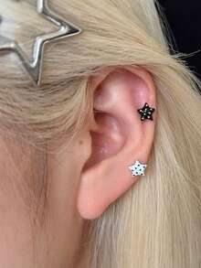 2pcs Women's Earrings, Black & White Metal, Contrast Polka Dot & Star, Minimalist Personalized Ear Jewelry Suitable For Daily Wear - Multicolor - View 1