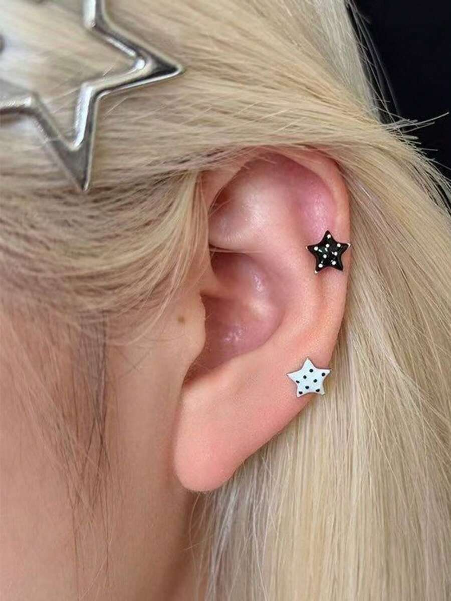 2pcs Women's Earrings, Black & White Metal, Contrast Polka Dot & Star, Minimalist Personalized Ear Jewelry Suitable For Daily Wear - Multicolor - View 1