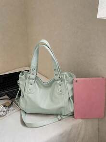 Minimalist Solid Color All-Match Style, Metal Rivet Reinforced Shoulder Strap, Comes With Adjustable Extended Crossbody Strap. Soft And Relaxed Body, Versatile Style, Can Be Freely Paired With Various Charms, Suitable For Multiple Outfits - Green - View 3