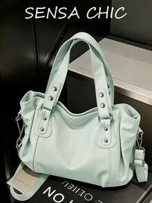 Minimalist Solid Color All-Match Style, Metal Rivet Reinforced Shoulder Strap, Comes With Adjustable Extended Crossbody Strap. Soft And Relaxed Body, Versatile Style, Can Be Freely Paired With Various Charms, Suitable For Multiple Outfits - Green - View 8