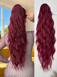 Wine Red Long Wavy Heat-Resistant Synthetic Fiber Claw Clip Drawstring Ponytail Hair Extension For Women Daily Use - 酒紅色 - 查看 1