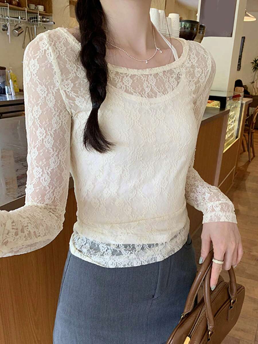 2pcs/Set Lace Halter Tie Tank Top & T-Shirt Set For Women - Apricot - View 1