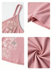 Hibiscus Flower Printed Casual Sleeveless Cami Top, Summer Tops, Beach Outfits For Women - Baby Pink - View 5