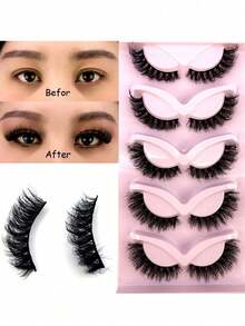 1 Pair Cross Style Voluminous Curly Faux Cat Eye 3D Mink Lashes Winged Natural Realistic Messy Outer Corner Long Thick Soft False Eyelashes - Black - View 5