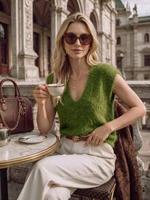 NiceArt Women's V Neck Fuzzy Knit Vest, Sleeveless Plush Sweater Tank Top Wool‑Blend Autumn Winter Layering Outfit - Green - View 7