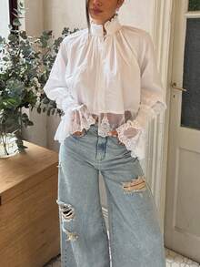 Women's Solid Color Woven Fabric Exaggerated Lace Trim Patchwork Blouse, Suitable For Vacation, Daily, Brunch, Airport Outfits, Spring And Autumn - White - View 5