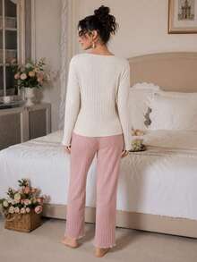 Women's Two-Piece Rib-Knit Pajama Set - Long-Sleeve Button-Detail Top & Matching Trousers - Soft, Cozy Loungewear For Ultimate Relaxation - Pink - View 3