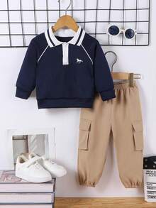 Bhchntiy Baby Boy Autumn/Winter New Pony Embroidered Polo Collar Sweatshirt And Solid Color Casual Fashion Cargo Pants - Blue - View 2