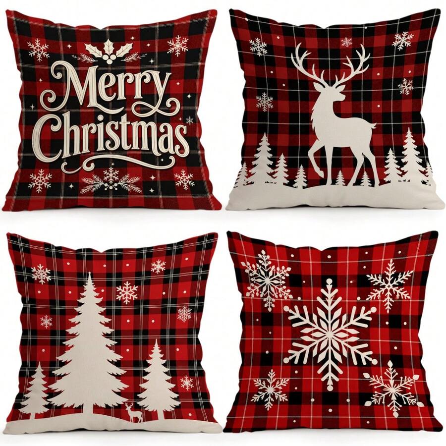 4pcs/1pc Red & Black Plaid Christmas Winter Pattern Pillow Case, Single-Sided Printed Pillow Case, Suitable For Living Room, Bedroom, Home Decor, All-Season Pillow Case - Multicolor - View 1