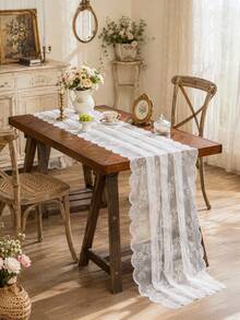 1pc Floral Lace Table Runner Vintage Wavy Edge Hollow Out Table Cloth Wedding Dining Table Decor Coffee Table Cover - White - View 2