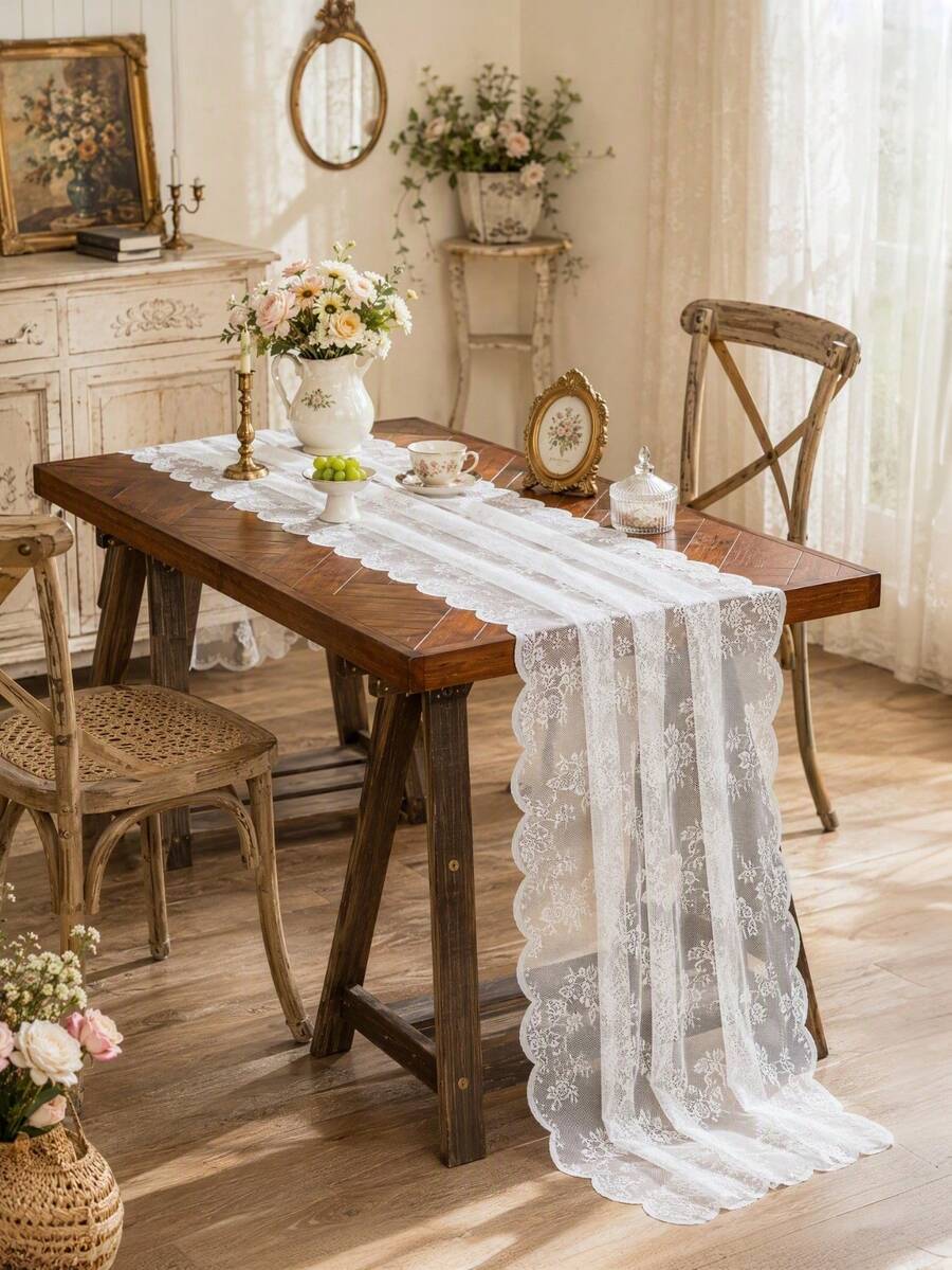 1pc Floral Lace Table Runner Vintage Wavy Edge Hollow Out Table Cloth Wedding Dining Table Decor Coffee Table Cover