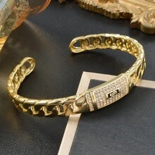 Fashionable Luxurious 18K Gold-Plated Zirconia Copper Bracelet, Suitable For Both Men Women, Suitable For Daily Party Wear, Hip-Hop Gift Jewelry - Gold - View 5