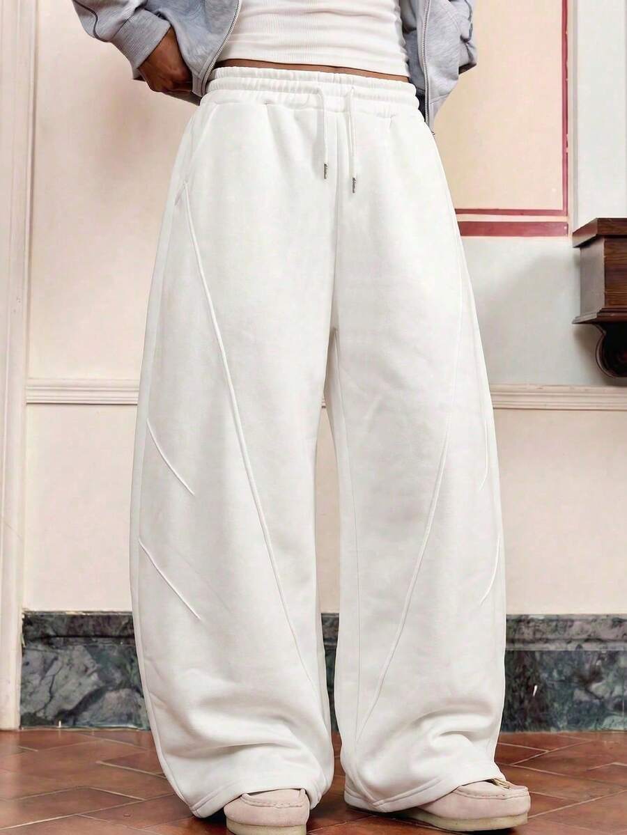 Teen Boys Relaxed White 3D Stitch Wide Leg Pants, Drawstring Waist Loose Snug Fit Versatile Knit Sports Long Pants - White - View 1