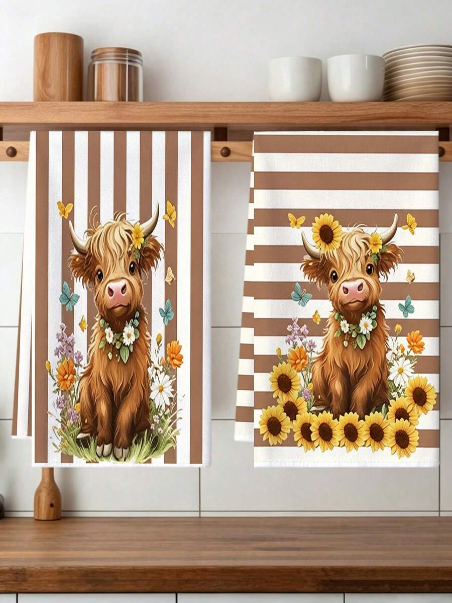 2pcs American Farm Style Highland Cow Print Towels, Brown & White Striped Sunflower Decor Kitchen Hand Towels, Soft & Absorbent Microfiber Towel Set, Suitable For Kitchen Decor, Dining Table Decor, Bathroom Decor, Warm Gift For Friends And Family - Multicolor - View 1