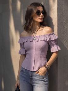 Women's Off-Shoulder Ruffle Blouse, Bohemian Short Sleeve Button Down Top, Elegant Romantic Summer Blouse For Vacation, Casual & Party Wear, Lilac Top - Mauve Purple - View 1