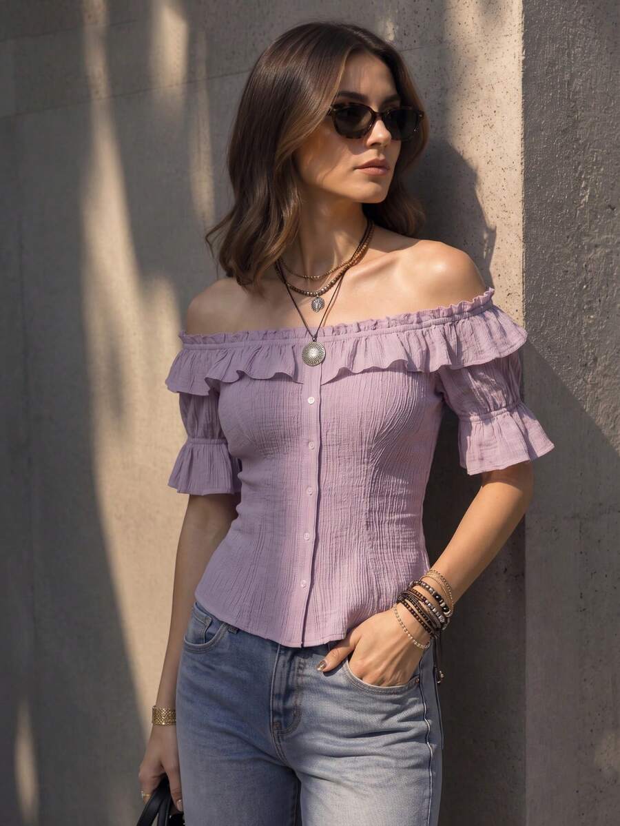Women's Off-Shoulder Ruffle Blouse, Bohemian Short Sleeve Button Down Top, Elegant Romantic Summer Blouse For Vacation, Casual & Party Wear, Lilac Top - Mauve Purple - View 1
