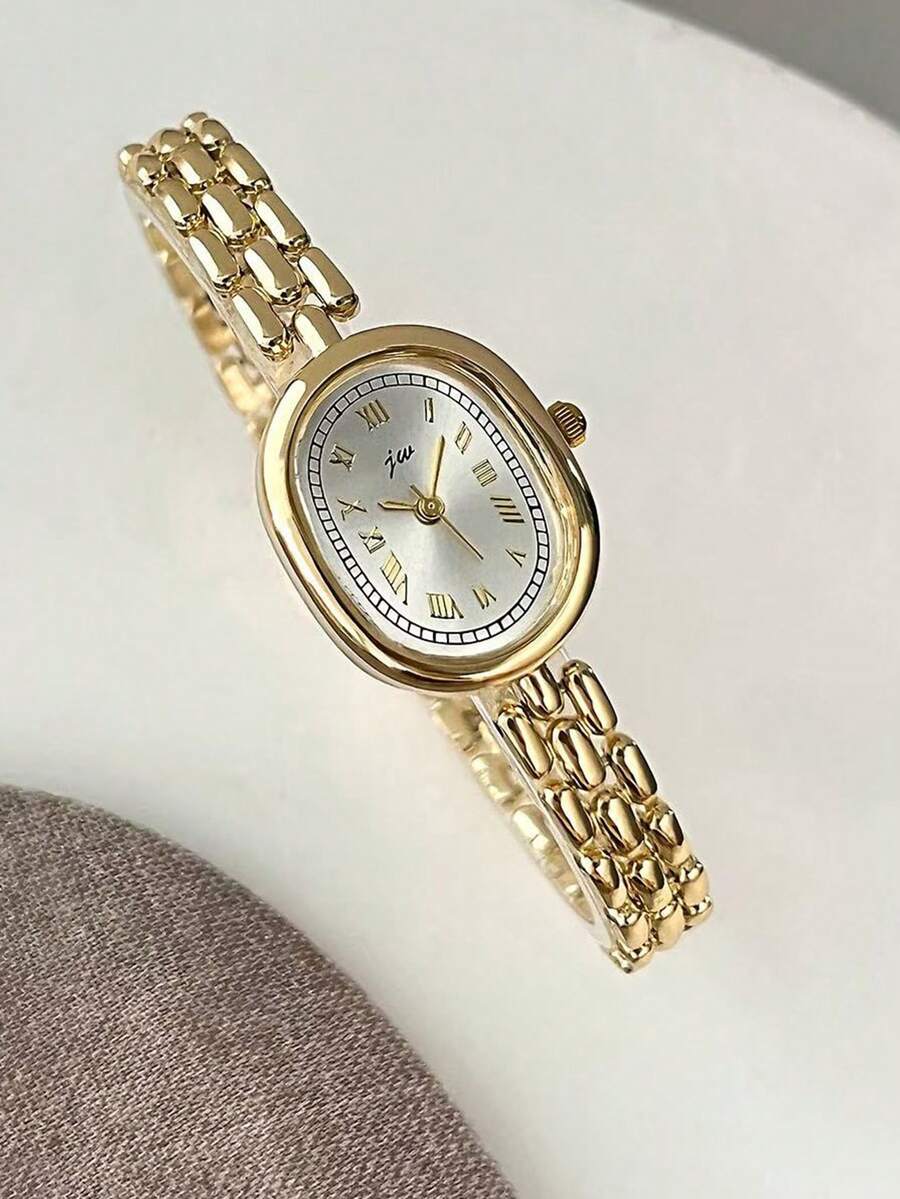 1PC Women's Gold Alloy Bracelet Watch, Oval Dial, Casual Elegant Roman Numeral Dial Quartz Watch, Suitable For Daily Decoration And Wearing, Best Gift For Women - Silver - View 1