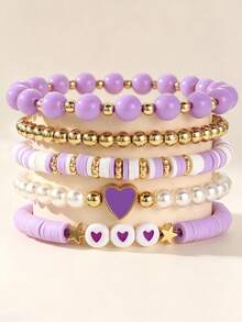 NAIZHU 5pcs/Set Gelang Manik-Manik Manis Warna Pink, Terbuat dari Tanah Liat Lembut, Liontin Hati, Ceri, dan Bintang, serta Mutiara Imitasi dan Karet Gelang. - MultiWarna - View 5