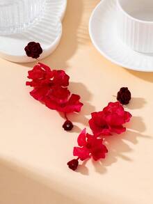 1 Pair Vintage Luxury Red Summer Bohemian Style Pleated Rose Pendant Earrings For Women - Red - View 3