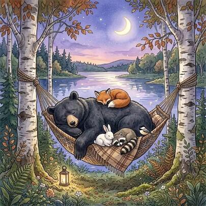 New 5D DIY Diamond Painting Kit - Black Bear & Small Animals Forest Night Scene, Round Full Drill Acrylic Artwork, Living Room, Bedroom, Home Decor Handmade Painting, Christmas Gift, Suitable For Beginners, Frameless