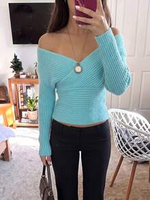 HoloChill Women's Young Influencer Casual Style Ribbed Knit Off-Shoulder Long Sleeve Pullover Sweater, Cinched Waist Design, High Elasticity Knit Top, Fall Casual 2026 New Arrival, Women's Elegant Outfit For Going Out, Back To School, Homecoming, Fall/Winter French - Blue - View 5