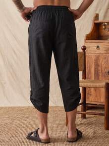 glestore Men's Retro-Style 100% Cotton Solid-Color Drawstring Harem Pants-Versatile For Commuting And Vacations, Perfect For Everyday Wear - Black - View 2