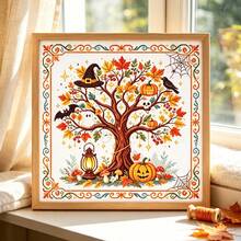 Autumn Halloween Magic Tree Cross Stitch Full Material Kit 11CT Witch Hat Pumpkin Ghost Maple Leaf Printed Pattern Beginner Friendly Stress Relief Handmade DIY Set Includes Needle Thread Instruction Manual Living Room Bedroom Entryway Desktop Home Vintage Decor Wall Hanging - Multicolor - View 13