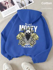 Autumn Men's Hoodie With Skull & Dollar Print "MONEY NOT FRIENDS" Back Graphic, Long Sleeve, Ribbed Trim, Y2K - Cailan - View 2