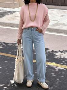 2pcs Pink Knitted Sweater Set, Soft Loose Stand Collar Sleeveless Vest With Lace Patchwork Top, Elegant Style - Pink - View 4