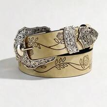 1pc New Leaf Print Lucky Clover Vintage Carved Niche Design Leather Belt, Versatile For Jeans And Dresses - Leaf - View 5