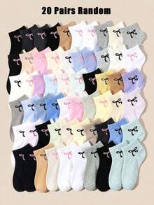 5/10/20 Pairs Kids Solid Color Bow Short Socks, Girls Student Socks, Suitable For Sports Socks, Girls Autumn Socks, Halloween Socks - Multicolor - View 6