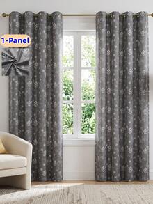 1panel Printed Blackout Curtain With Grommet Top Designthermal Insulated For Effective Room Darkening Floral Drape Window Decor Home Accent Room Ornament Thermal Insulation, Noise Reduction Function, Suitable For Living Room, Bedroom, Office And Home - Black and Gray - View 5