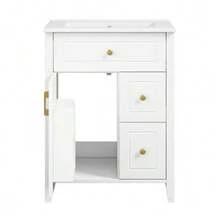 61 Cm Freestanding Vanity Unit In White With Ceramic Basin, Gold Handles, Flip-Out Drawer, Drawers, Side Shelf And Storage Under The Sink, Without Tap - 白色 - 查看 10