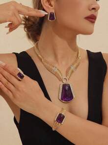 High Quality Woman Jewelry Set Luxe Gold-Tone Deep Purple Gemstone Jewelry Set: Statement-Making Necklace, Earring,Make You Shine At Every Big Event! - Necklace + Earrings + Ring + Bracelet - View 3