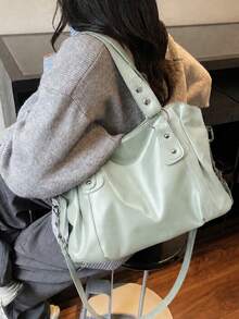 Minimalist Solid Color All-Match Style, Metal Rivet Reinforced Shoulder Strap, Comes With Adjustable Extended Crossbody Strap. Soft And Relaxed Body, Versatile Style, Can Be Freely Paired With Various Charms, Suitable For Multiple Outfits - Green - View 4