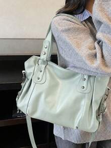 Minimalist Solid Color All-Match Style, Metal Rivet Reinforced Shoulder Strap, Comes With Adjustable Extended Crossbody Strap. Soft And Relaxed Body, Versatile Style, Can Be Freely Paired With Various Charms, Suitable For Multiple Outfits - Green - View 5