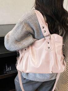 Minimalist Solid Color All-Match Design, Metal Rivet Reinforced Shoulder Strap, Comes With Adjustable Extendable Crossbody Strap. Soft And Relaxed Body, Versatile Style, Can Be Freely Paired With Various Charms, Suitable For Multiple Outfits - Pink - View 6