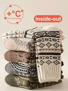 1/3/5 Pairs Vintage Thickened Wool Blend Warm Mid-Calf Socks, Suitable For Daily Wear Or Gifting, Autumn/Winter Style - Multicolor - View 1